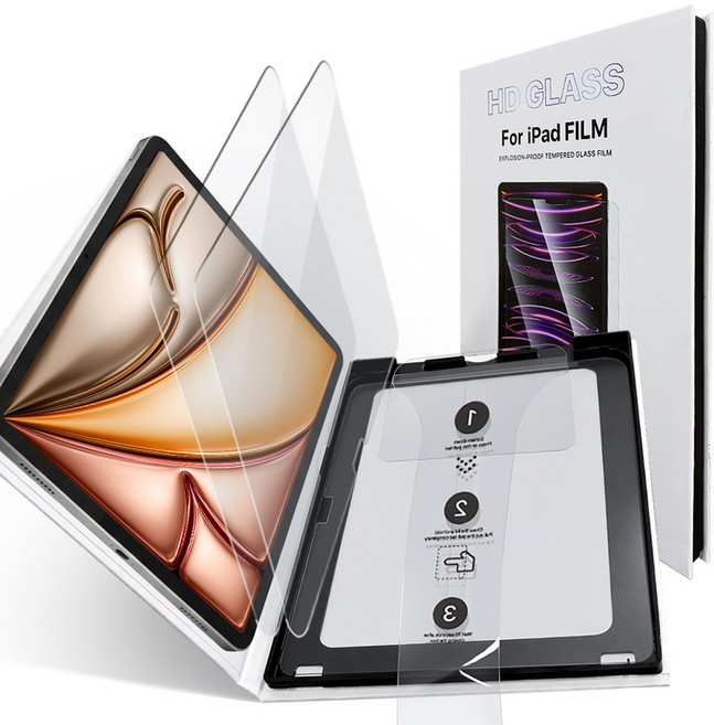 다이아큐브 아이패드 에어 6세대 M2 7세대 M3 13 공용 원터치 풀커버 9H강화유리 고투과 저지문 액정보호필름 2P 자동먼지제거 간편부착, 2개, 투명