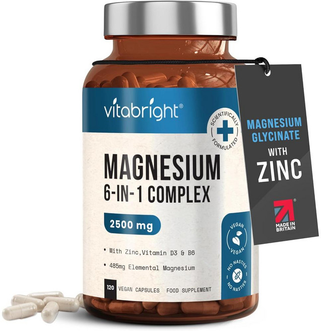 영국 비타브라이트 VitaBright Magnesium Glycinate 마그네슘 글리시네이트 6-in-1 콤플렉스 2500mg 캡슐, 1개, 120정