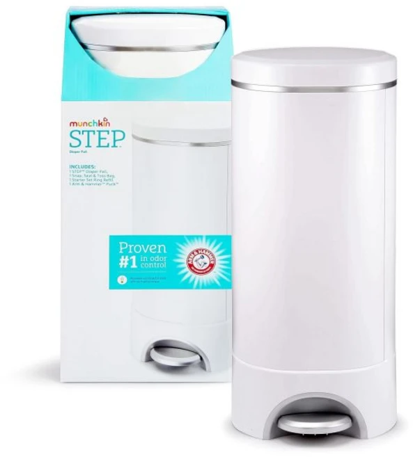 Munchkin STEP 팔과 망치로 작동하는 기저귀 통 냄새 조절 부문 1위 수상 경력이 있는 이 제품에는 스냅 씰 앤 토스 가방 1개 스타터 리필 링 PUCK 베이킹, Diaper Pail - 쿠팡