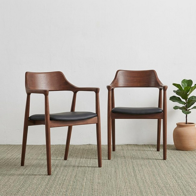 파로마 로엠 식탁의자 고무나무 원목 가죽 카페의자, 2개, 월넛