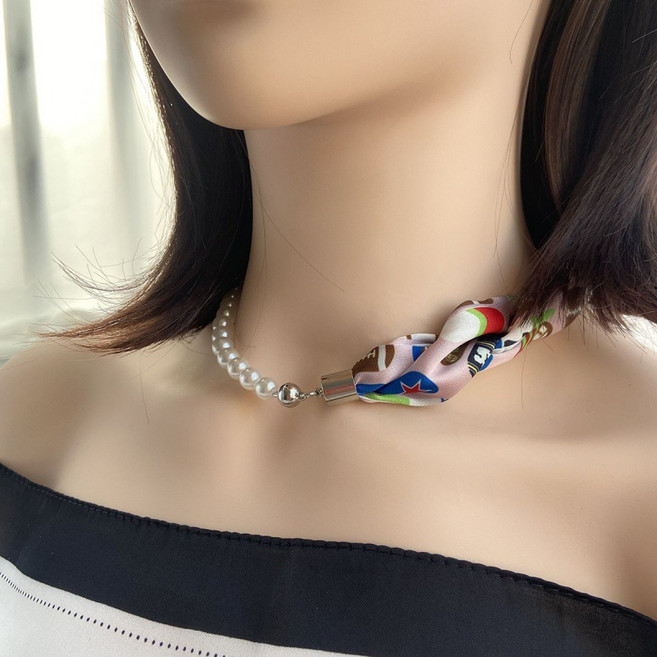 에쥬아 진주 목걸이 스카프 쇄골 체인 나비 넥타이 자기흡인단추 목걸이