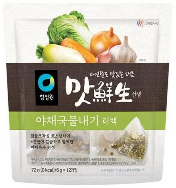 청정원 간편식 청정원 맛선생 야채 국물내기 티백 72g(12개입) 주말요리 캠핑 자취 혼밥 별미 식사초대 캠, 72g, 1개
