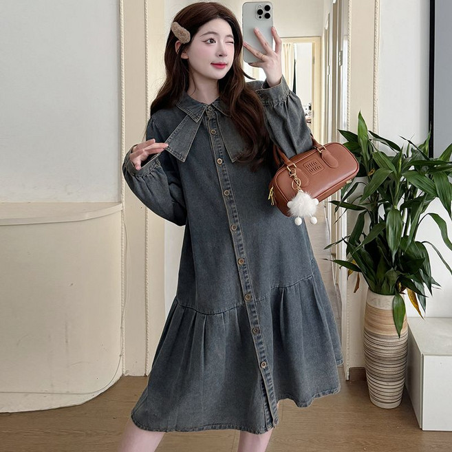 임산부 긴팔 원피스 봄 가을 빅사이즈 임부복 루즈핏 데님 원피스 캐주얼 기질 원피스 SJS