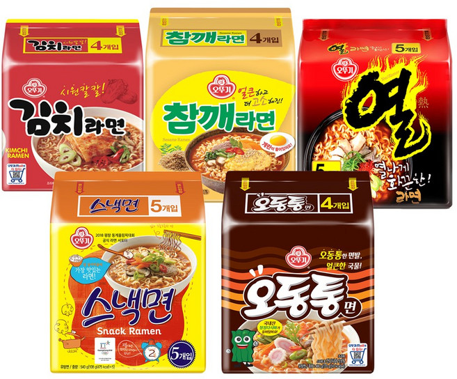 오뚜기라면 5종세트(각 멀티 1봉지) [열라면/오동통면/스낵면/김치/참깨라면], 1세트