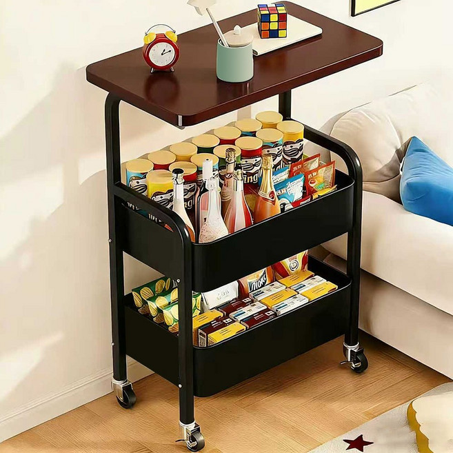 이동식 트롤리 철제 트롤리 이동식 선반 3단 수납 선반, 블랙