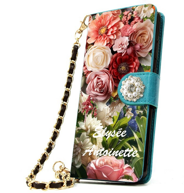 내부지퍼 빽 포켓 유미폰 다이어리 엘리제 앙뚜아네뜨 꽃 DIA 카드지폐수납 내구성 좋은 다이어리 핸드폰 케이스 + 손목 줄 체인 스트랩