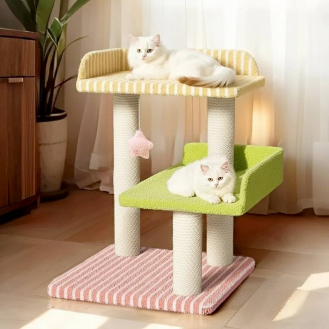 Tinduo 고양이 캣타워 3단 캔디 컬러 + 넓은 안전 펜스 플랫폼 + 면실 감김 스크래쳐 + 숨숨집, 1개, 3단 캣타워