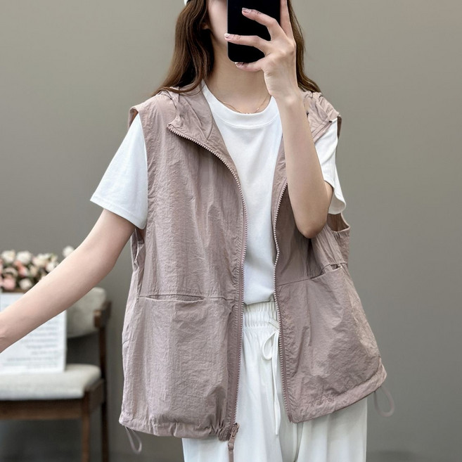 Ashysnow 조끼 코트 여성 봄 여름 루즈핏 캐주얼 얇은 야상 집업 후드 조끼 코트