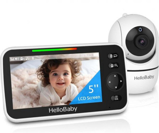 HelloBaby No WiFi 베이비 모니터 5인치 화면 30시간 배터리 팬틸트줌 비디오 업그레이드 카메라 및 오디오 나이트 비전 VOX 양방향 토크 8개의 자장가 및 100, 5 inch (Single Cam)