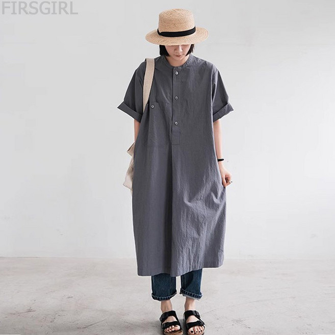 FIRSGIRL 여성 여름 린넨 셔츠 롱 원피스 루즈핏 면마 데일리