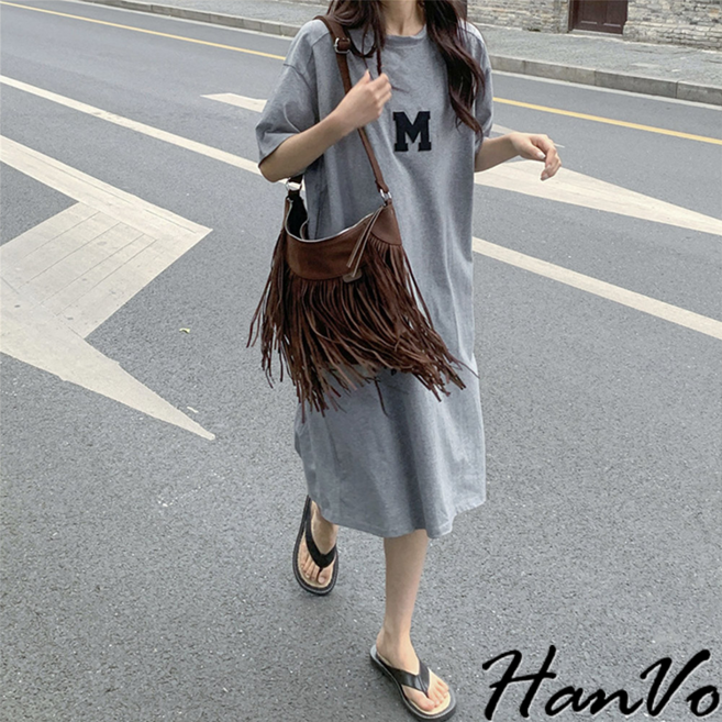 HanVo M字母休閒寬鬆顯瘦長洋裝 - 韓系短袖連衣裙, 灰色