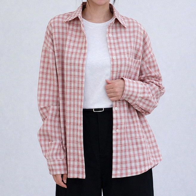 포켓 핀 브로치 루즈핏 캐쥬얼 긴팔 체크 셔츠 남방
