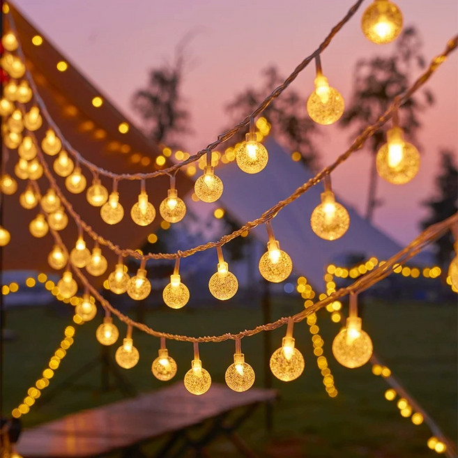 SASAKO 감성캠핑 LED 줄조명 앵두전구 크리스마스 장식등 파티라이트 정원 카페 야외조명 크리스마스조명 방수 줄조명 USB/배터리 양용형, 1개, 크리스털 볼 (10m 80구)