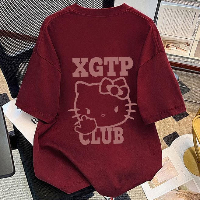 다나에 남녀 공용 티셔츠 헬로키티 여름 낙서 캐릭터 순면100% 오버핏 루즈핏 반팔티