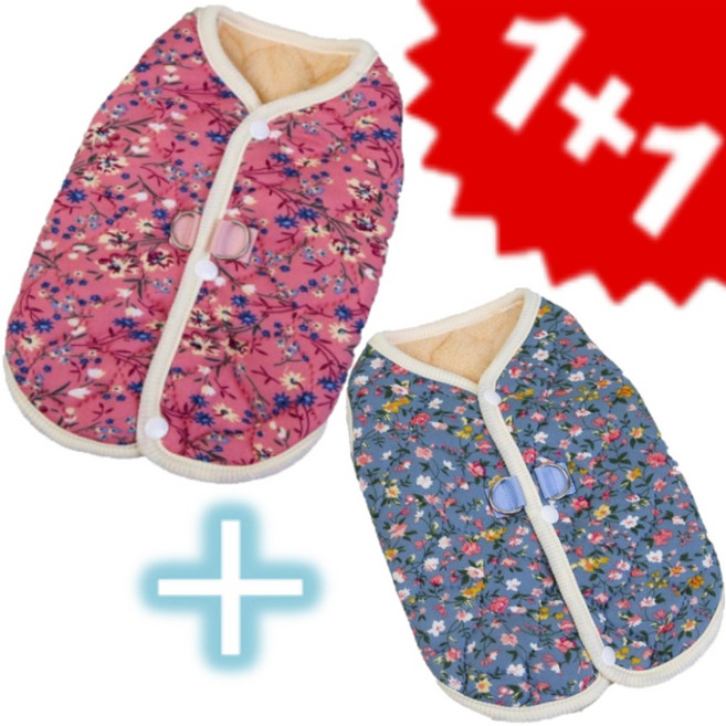 JONNEIC 조네익 강아지 꽃무늬 조끼 할머니 김장 조끼 하네스 패딩, 1세트, 꽃핑크+꽃블루