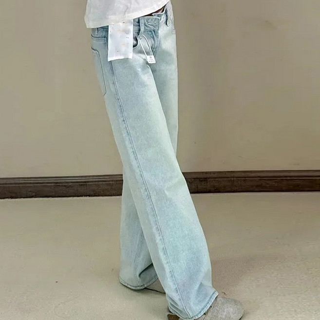 QEWBG 여성 연청 로우라이즈 스트레이트 와이드 데님 팬츠 캐주얼 청바지