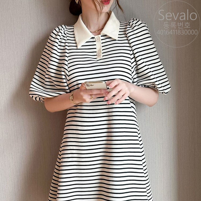 여성용 카라단들 스트라이프 반팔원피스