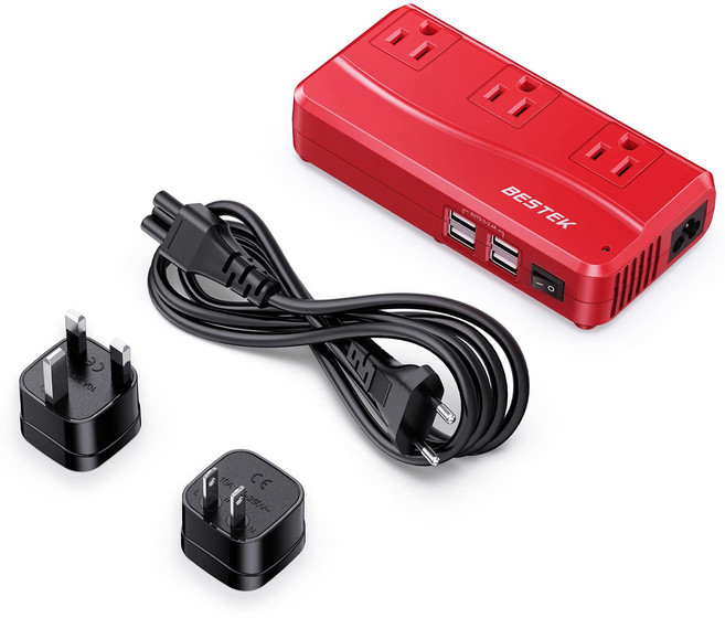 베스텍 미국 일본 가전제품 사용 위한 전압 변압기 220V ~ 110V 및 6A 4포트 USB 충전 UK/AU/US/EU 전세계 플러그 어댑터, Red, 1개