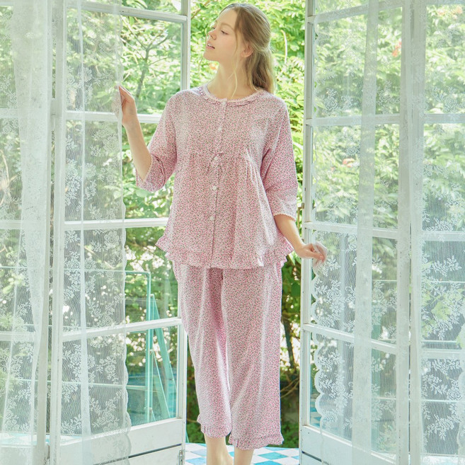 메이플라워 핑크잔꽃 7부 순면 여성 빅사이즈 잠옷 홈웨어 세트