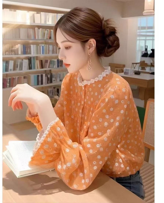 AURALA 여성 블라우스 가을 빅사이즈 루즈핏 패션 캐주얼 레이스 프린트 긴팔 쇼트 상의 L0922-30