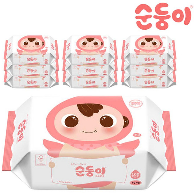 순둥이 베이직 무향 아기물티슈 리필형 100매 10팩 (nBpR01), 10개