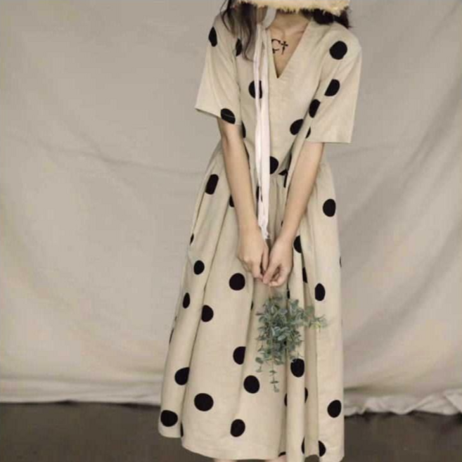 [엔젤D] 브이넥 빅도트 린넨 아사 원피스