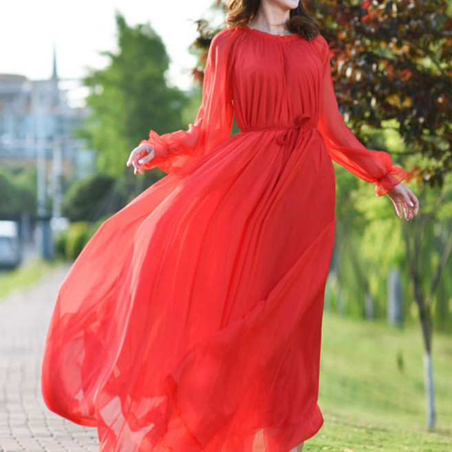 besteffie 여성용 봄 여름 브이넥 쉬폰 드레스 솔리드컬러 디자인 주름 디테일 긴팔 롱 원피스 K39