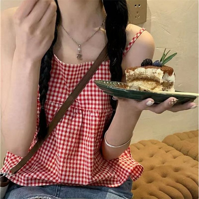 夏季 甜美可愛 格子 吊帶背心