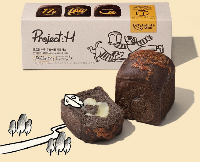 프로젝트:H 건강빵 프로틴 저당 큐브식빵 먹물치즈 3입 1박스, PH)큐브식빵 먹물치즈 1박스, 210g