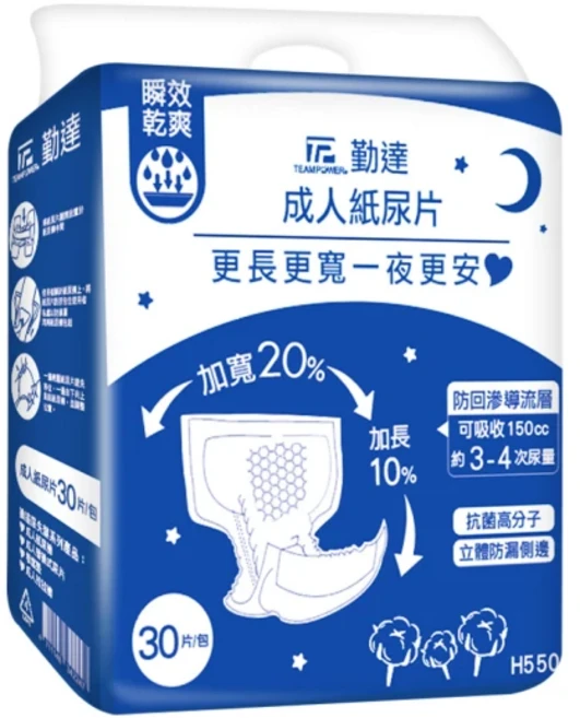 勤達 成人尿片日夜加寬加大防漏(55x29cm)30片/包 減少紙褲頻繁更換, 1個, 30片, 超長
