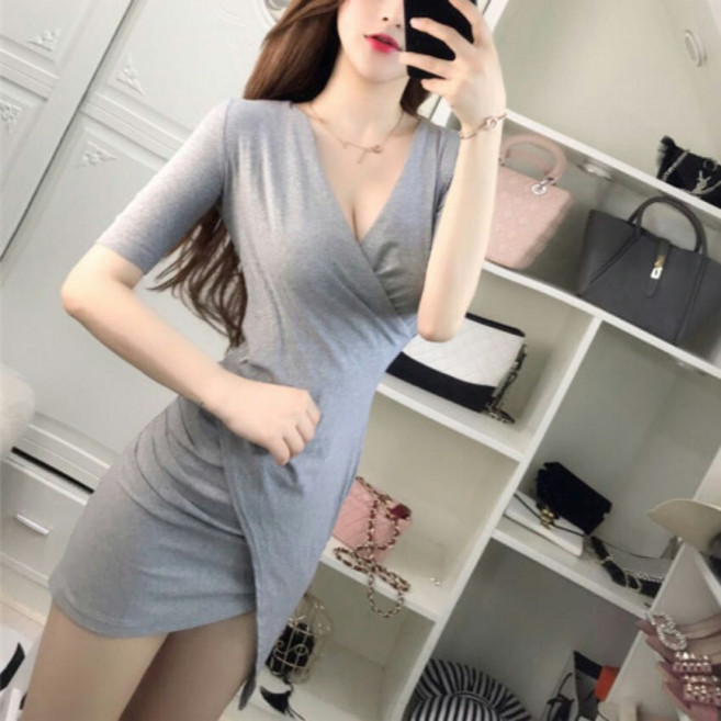 제이리스트 브이넥 글램섹시 셔링 언발 랩 반팔 미니원피스 슬림핏 홀복 파티룩 데이트룩 PS-C020