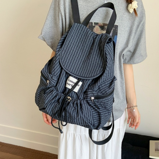 멀론 체크 나일론 스트링 초경량 여행용 백팩