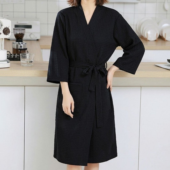 딜라이트홈 흡수력좋은 부들 와플 프리미엄 호텔가운 샤워가운, 블랙 여성용, 1개