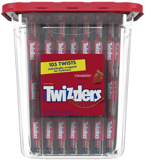 TWIZZLERS Twists Strawberry Flavored Chewy Candy Bulk Candy 33.3 oz Bulk Container (105 Pieces), 944g, 1개
