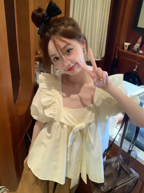 法式時尚甜美蝴蝶結短袖襯衫 女夏季 荷葉邊 娃娃衫