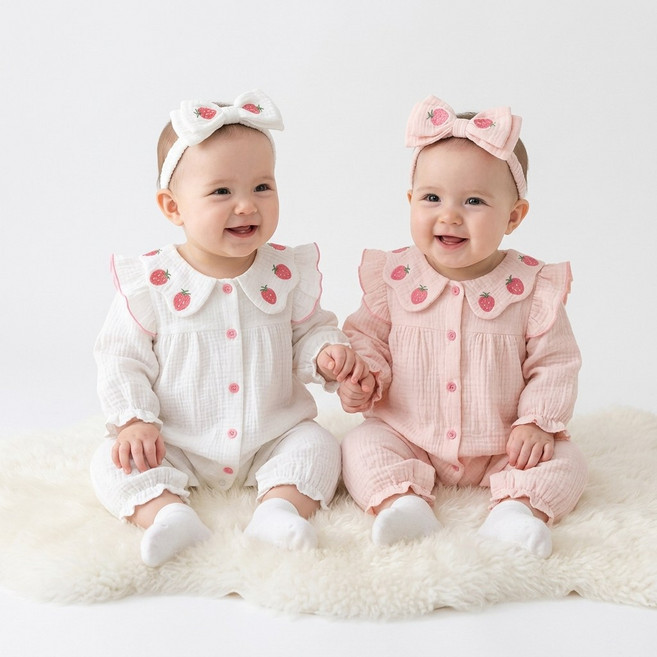 로이앤한나 신생아 3개월 6개월 9개월 여아 백일 돌 여자아기 여아 딸기자수 우주복 머리띠 세트
