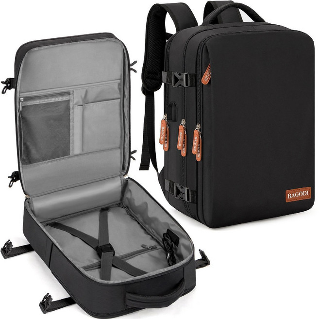 BAGODI 40L大容量登機背包 17吋筆電收納 180度全開旅行後背包 減壓防震商務包, 登機背包【黑色】40L/可裝17吋電腦