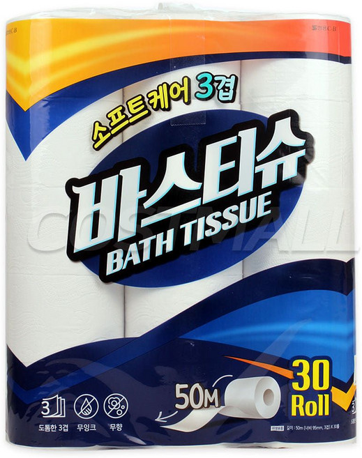 쌍용 소프트케어 바스티슈 50mx30롤(3겹) 무향 무잉크 코스트코, 1개, 30개입