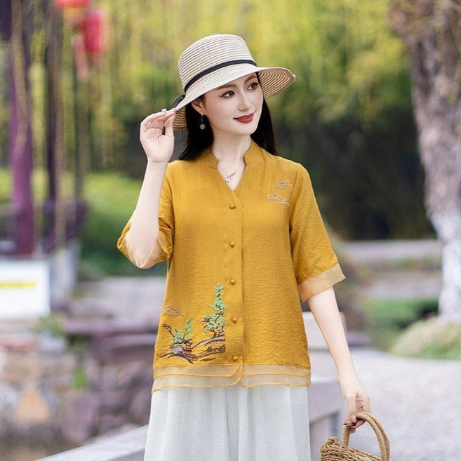 중년여성 여름 자수 반팔티 엄마 할머니 홈웨어 티셔츠 면 마 루즈핏 셔츠