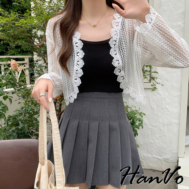 HanVo 法式蕾絲防曬薄罩衫 氣質甜美小披肩 韓系女裝, 白色