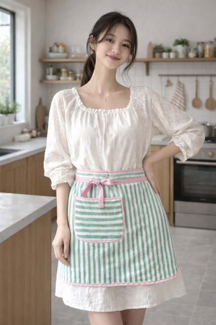 프리미엄 타올 스트라이프 허리앞치마 주방 카페 어린이집 미용실 수납주머니, 1개, 그린