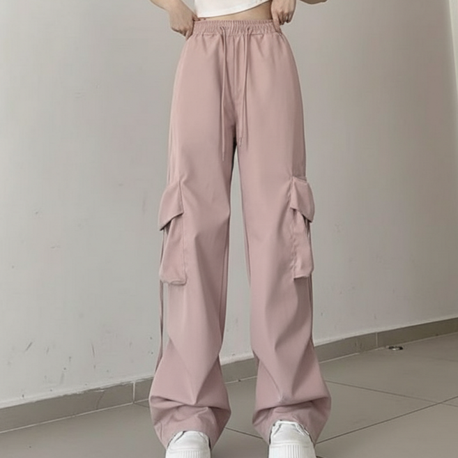 해피엘라 여성용 밴딩 포켓 와이드 카고 팬츠 바지