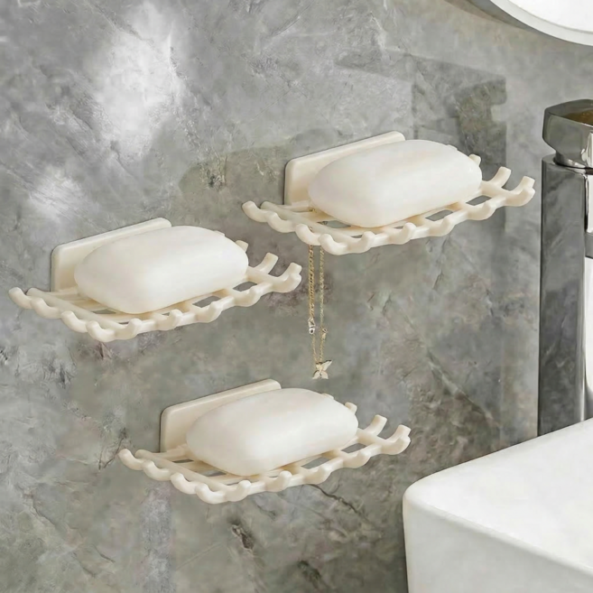 상덕 욕실 벽걸이 비누받침대 무타공 접착식 물빠짐 비누 거치대 세트, 3개, 아이보리