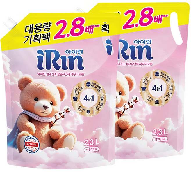 아이린 실내건조 섬유유연제 파우더코튼 리필, 2개, 2.3L