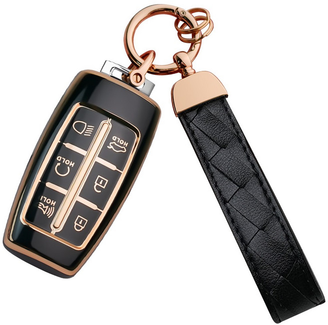 MODACE 제네시스 자동차키 케이스+가죽 메탈 키링 키홀더 TPU 소프트젤 보호 케이스 6버튼/8버튼, 6버튼-골드 블랙