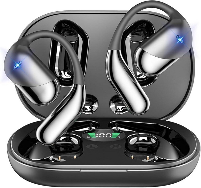 오픈 이어 클립 무선 이어버드 골전도 헤드폰 블루투스 5.4 디자인 내장 마이크 IPX7 방수 LED 디스플레이 충전 케이스 후크 버드 러닝 피트니스를 위한 디자인, 오픈 이어 클립 무선 이어버드 골전도 헤드폰, 블루투스, Black