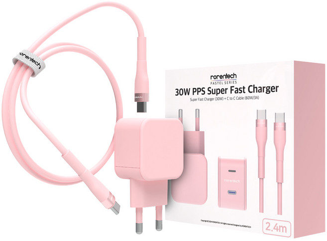 로랜텍 파스텔 PPS PD 초고속 충전기 30W + C타입 to C타입 케이블 2.4m 세트, 핑크, 1세트