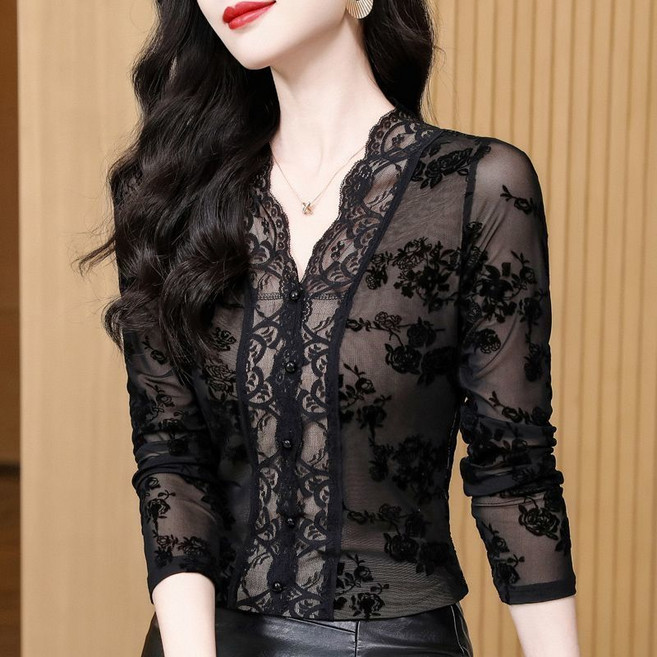 Makone 여성 시스루 레이스 망사 브이넥 티 슬림핏 블라우스 섹시 긴팔 이너 티셔츠