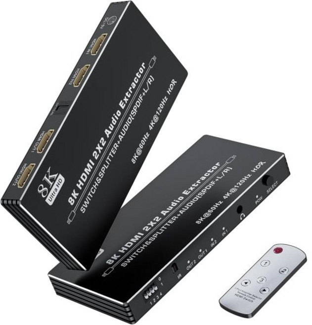 HDMI 2.1 분배기 스위치 2개 입력 출력 4K120Hz 오디오 추출 포함 2X2 및 추출기 8K60Hz 40Gbps HDR HDCP 2.3 IR 리모컨 지원 Xbox/PS, HDMI 2.1 분배기 스위치 2개 입력 출력 4K12