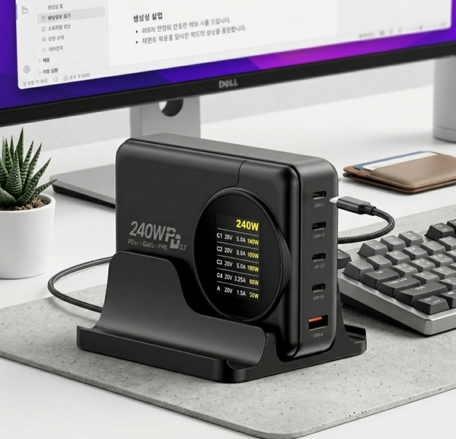 UM2 초고속 240W GAN 충전기 PD3.1 지원 LCD 화면 멀티포트 동시충전 스탠드형, 1개, 블랙/스탠드
